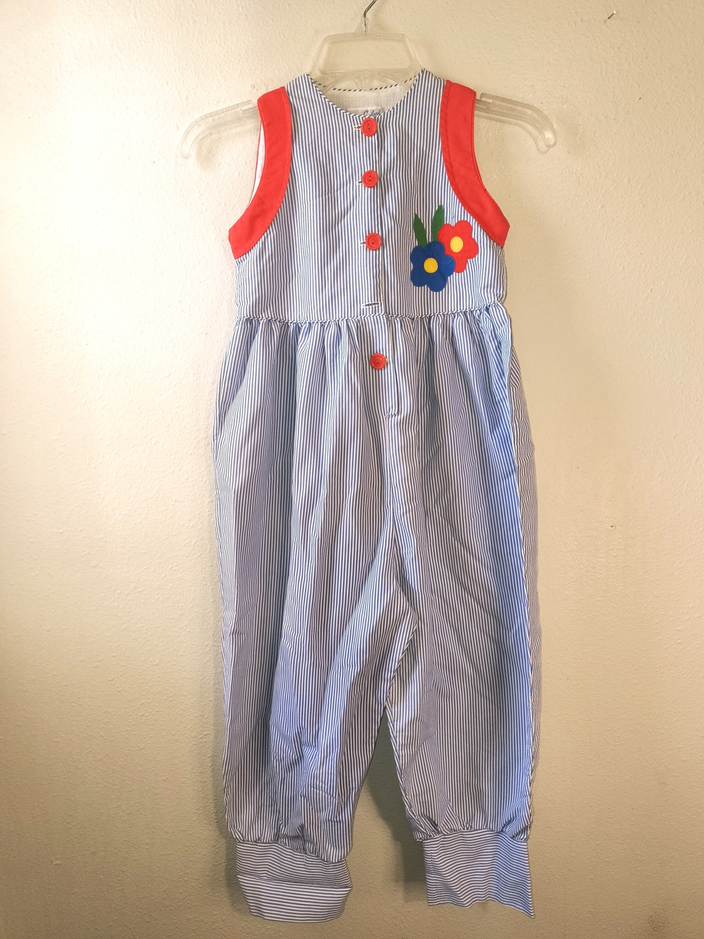 Vintage Jayne Copeland Girls Size 8 Blue White Stripe Red Floral Romper